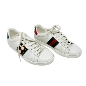 Gucci Ace Sneakers White Leather Pearl Stud Web Stripe Spiked Heel EU 37 US 7